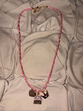 Disney Pink Cord Princess Castle Crown Heart Charm Necklace Chic
